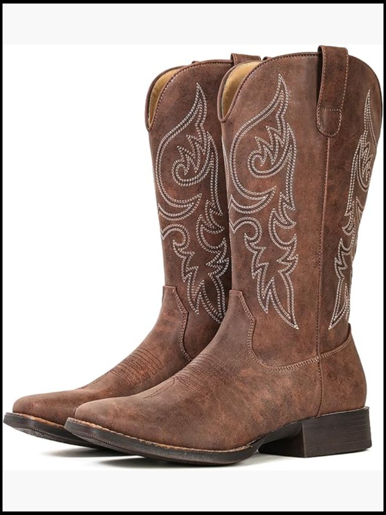 Embroidered Square Toe Cowgirl Boots With Pull On Tabs Block Heel Retro Western